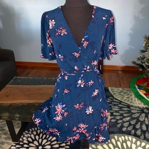 Lulu’s Dalton Teal Blue Floral Print Ruffled Wrap Dress